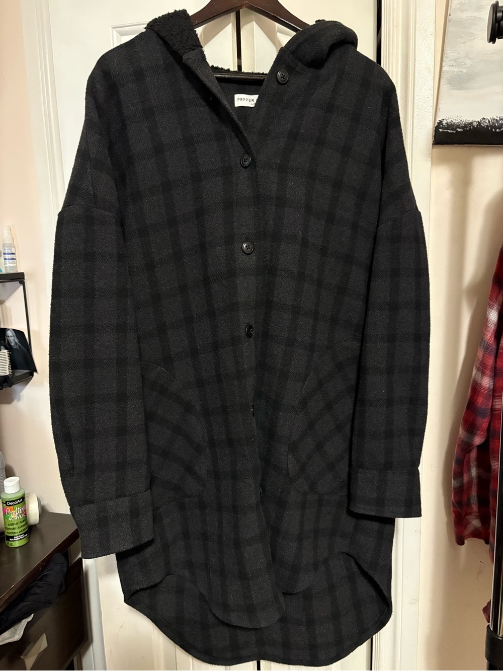 Black Plaid Hooded Coat